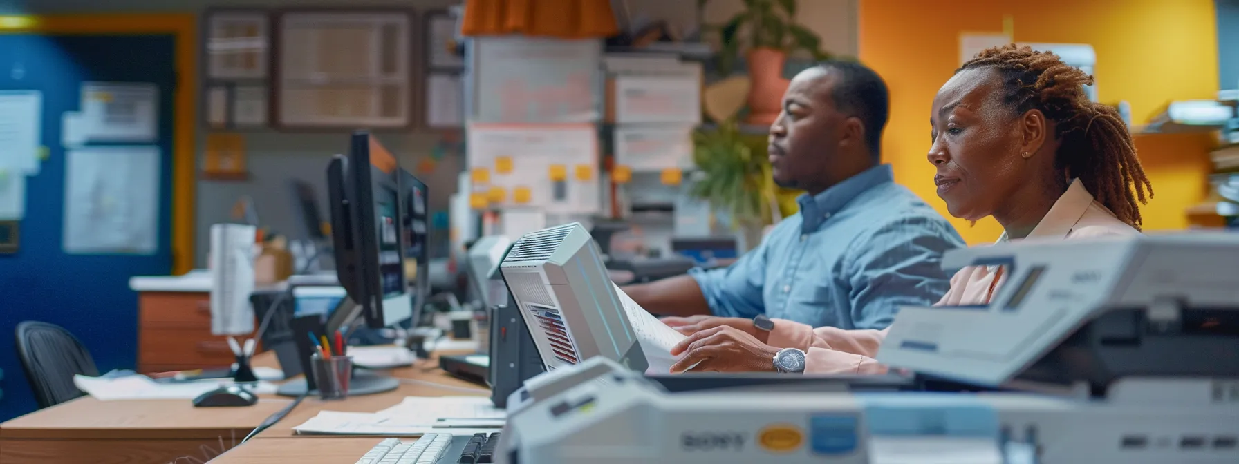 Female employee using faxing software on computer sitting next to coworker